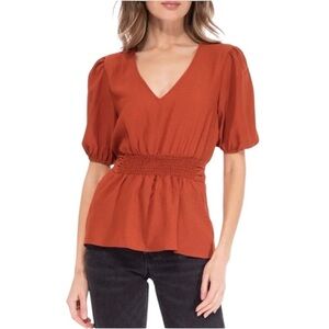 Bobeau Smocked Tie Back V-Neck Blouse XL Rust